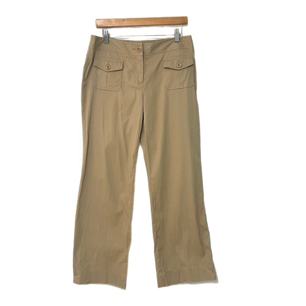 Talbots Petites Wide Leg Trousers Tan Khaki Career Pants 10P Stretch Front Pockt